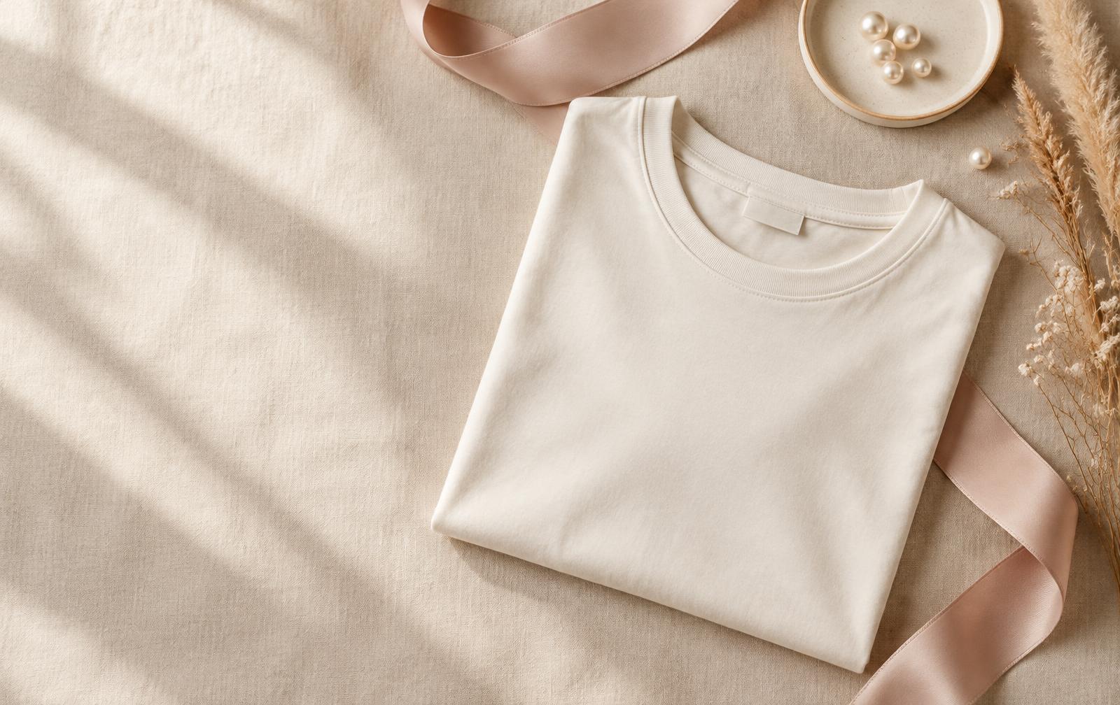 Ivory tee on linen with satin ribbon and pearls